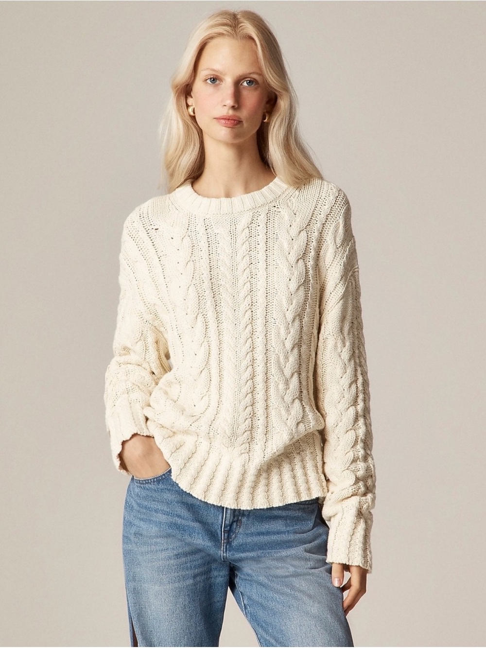 J. Crew Cotton Cable-Knit Crewneck Sweater, Ivory, XL